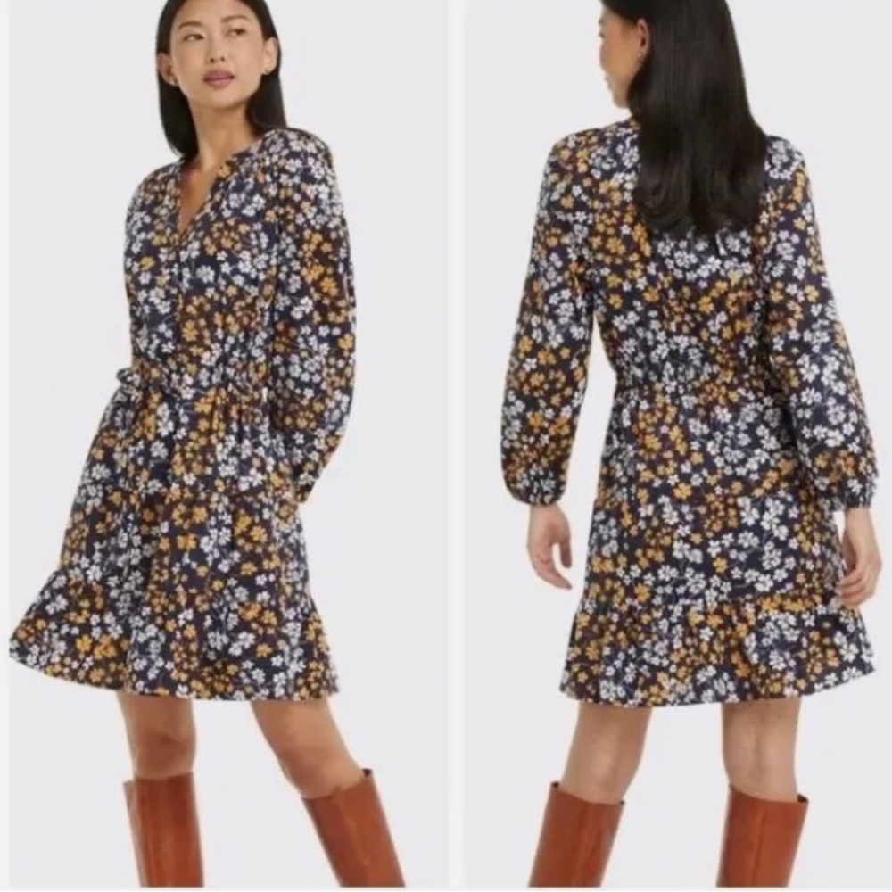 Draper James Womens Dress Medium Blue Long Sleeve Floral Ruffles Fall Ladies